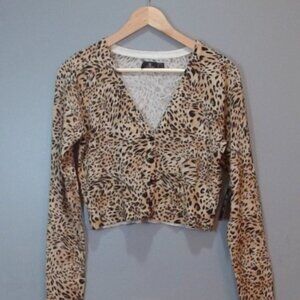 Volcom Leopard Print Button-Up Cropped Sweater Long Sleeve Size Small
